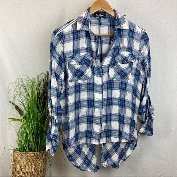 Sam Edelman Blue & White Plaid Gingham Long Sleeve Button Up Zip Shoulder Top S - Picture 2 of 7